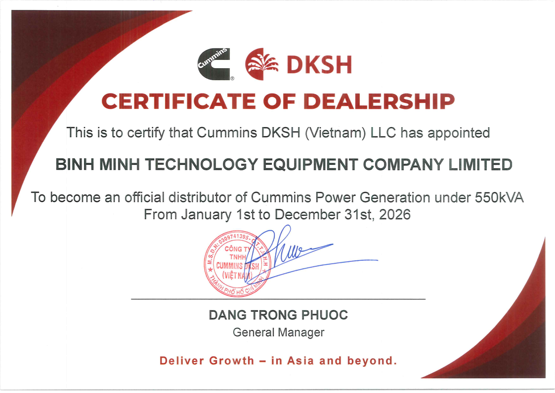 Dealer Certificate – Dấu mốc khẳng định năng lực và uy tín của Bình Minh trên thị trường máy phát điện